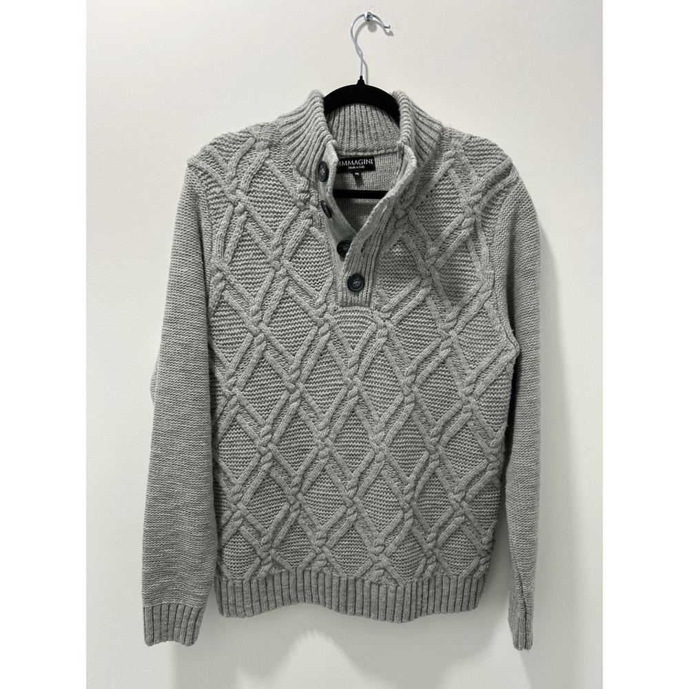 Mens Gray Cable Knit Wool Blend Button‎ Mock Neck Sweater Made in Italy Medium